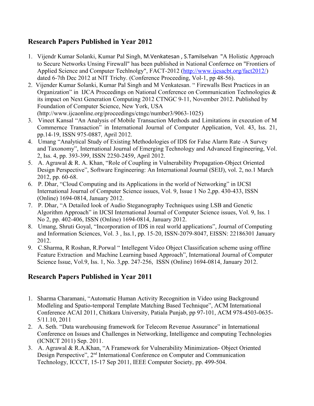 Research Papers Published in Year 2012