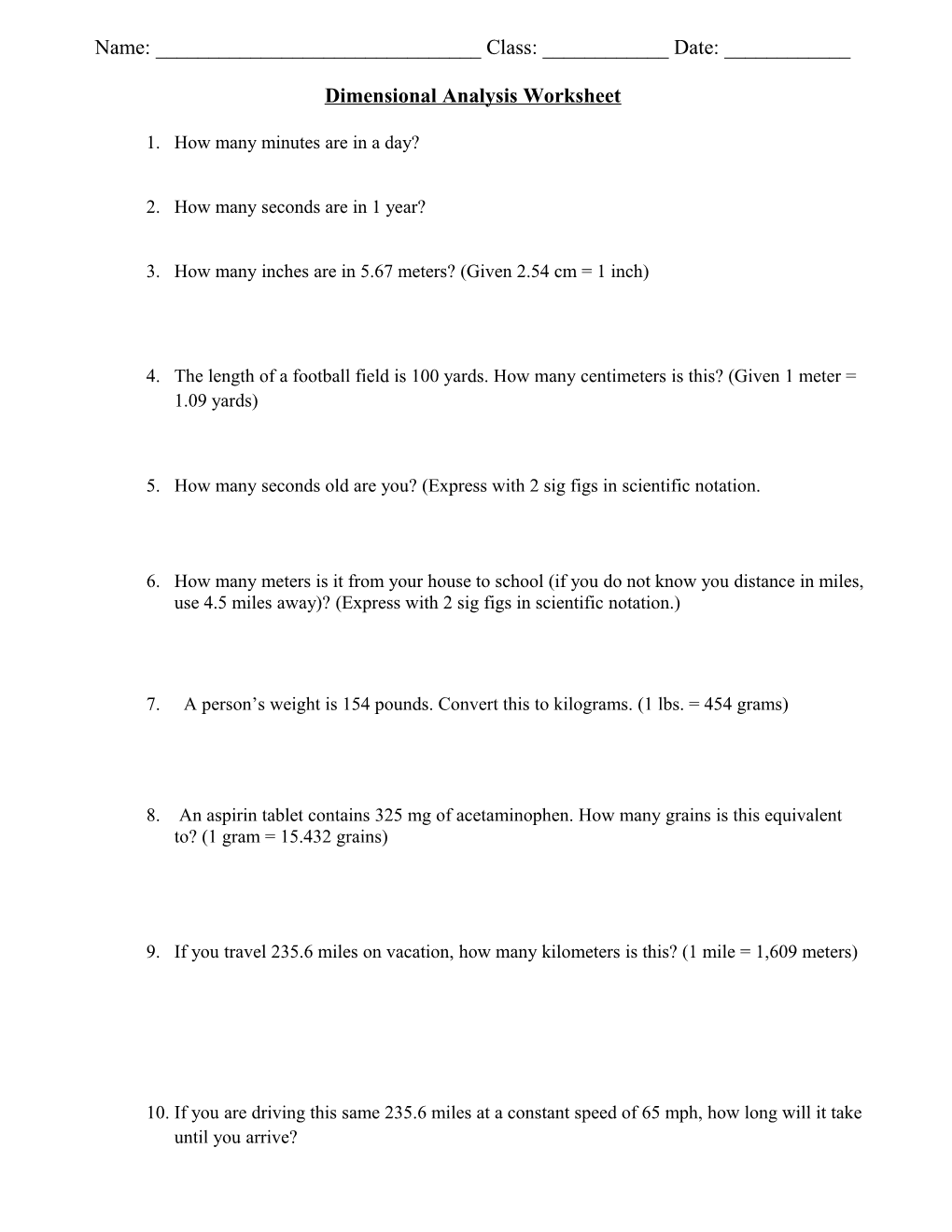 Dimensional Analysis Worksheet