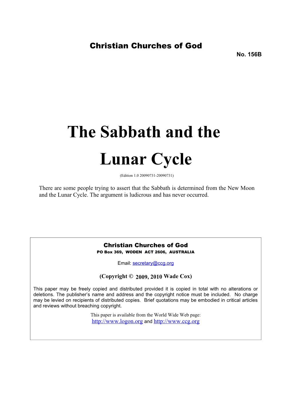 The Sabbath and the Lunar Cycle (No. 156B)