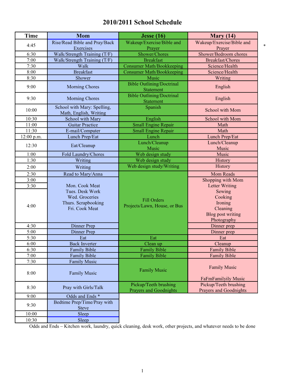 2010/2011 School Schedule