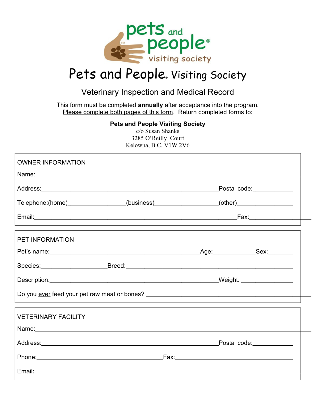 Pets and Peopletm Visiting Society