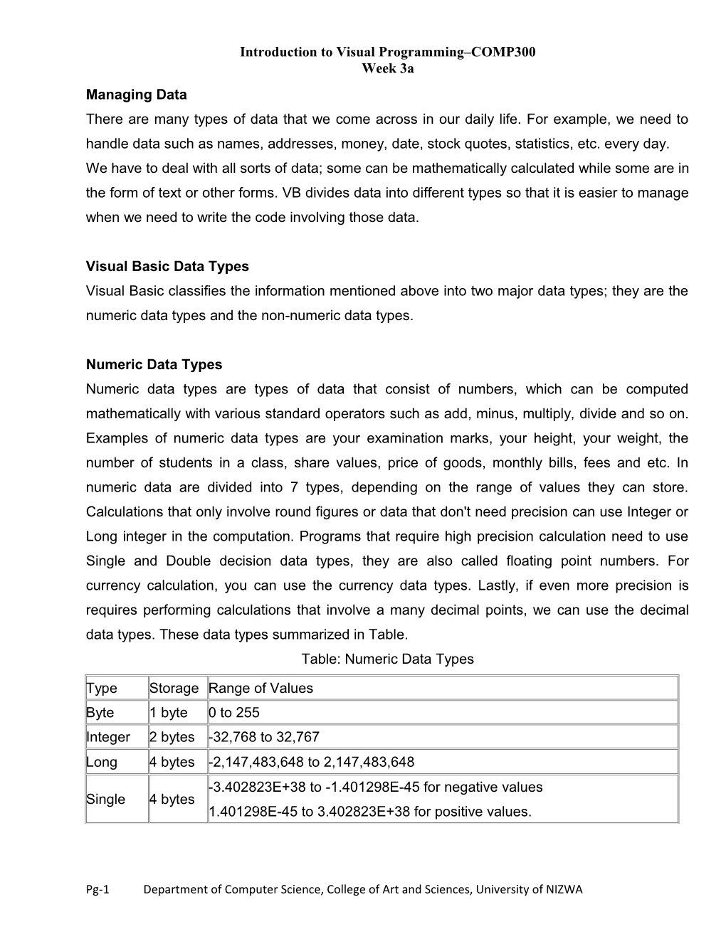 Introduction to Visual Programming COMP300