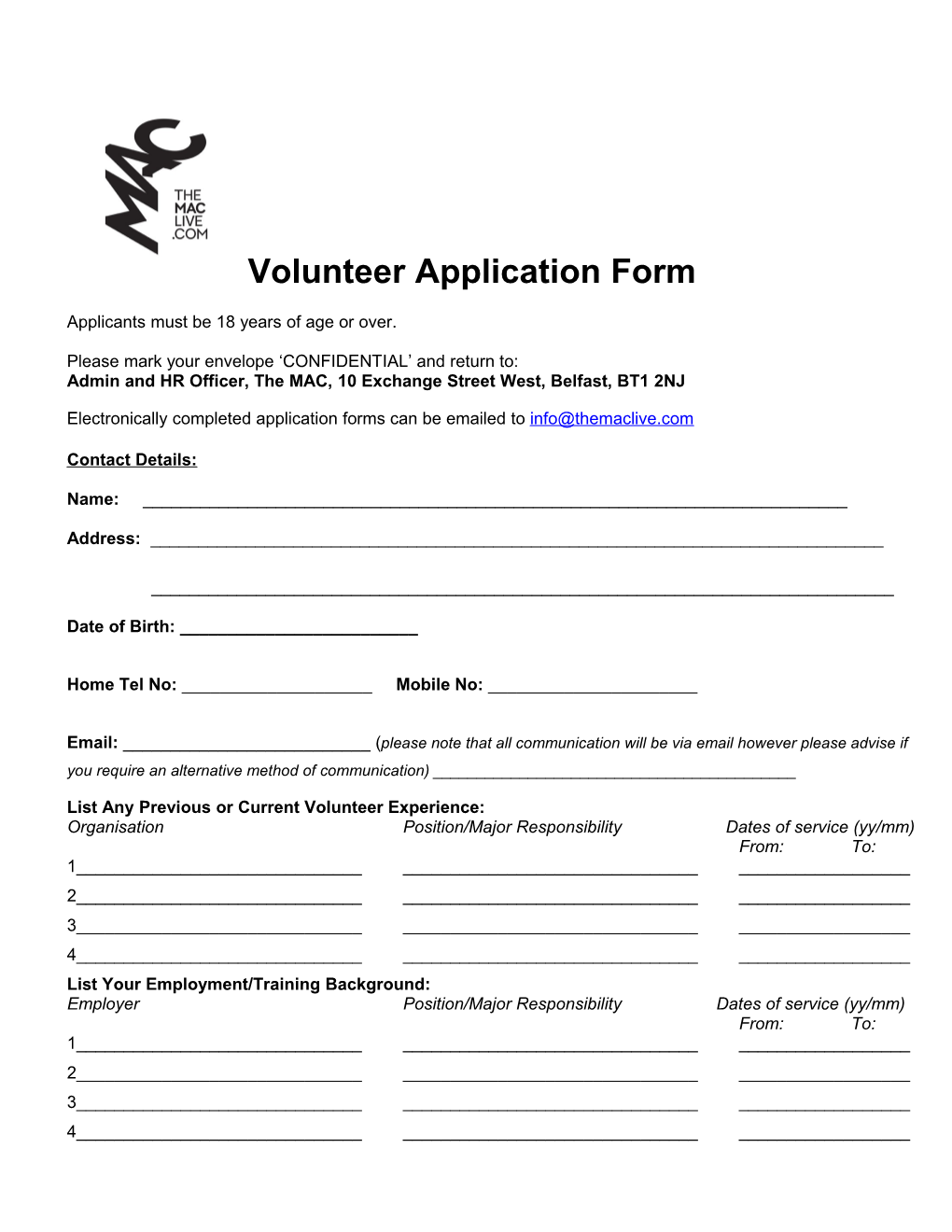 Volunteer Application Form Template
