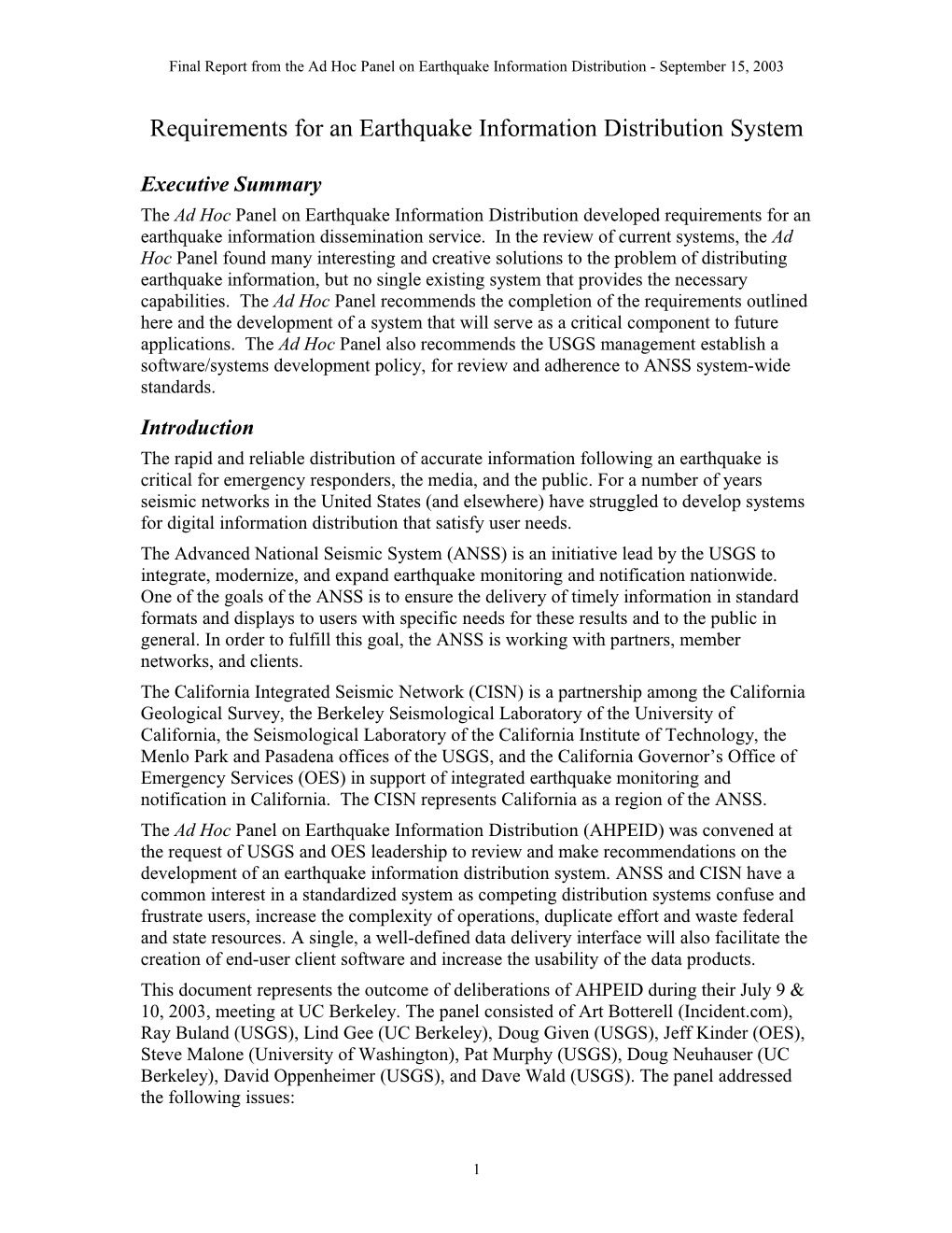 Recommended Specifications for the Data Delivery System