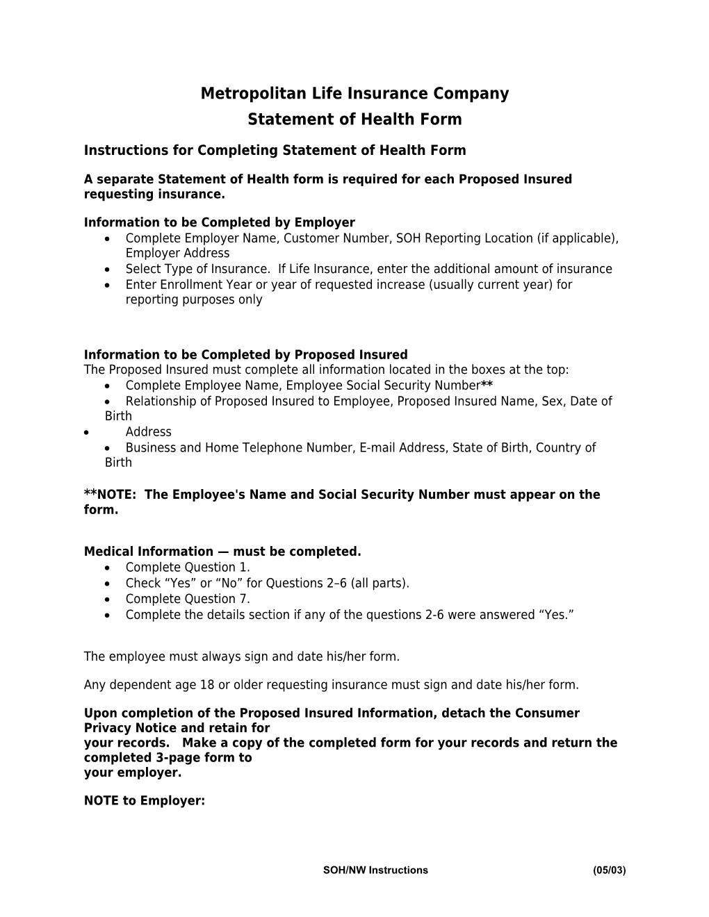 Statement of Health for Employee Or Dependent Group Coverage