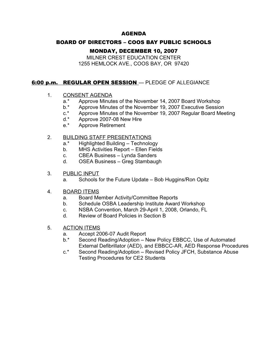 Regular Meeting Agenda s2