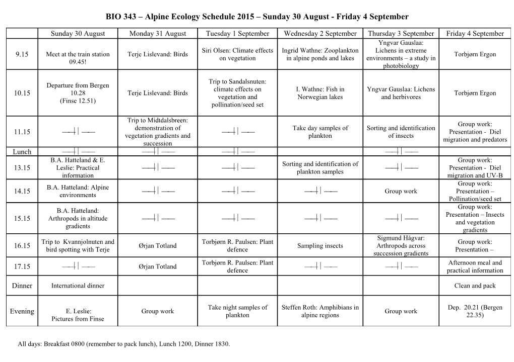 BIO 343 Alpine Ecology Schedule 2007 Sunday 2 - Friday 7 September