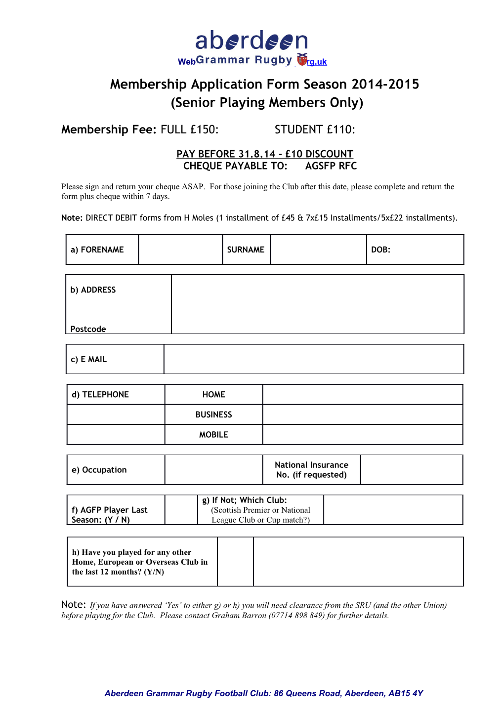 Membership Application Form Season 2014-2015