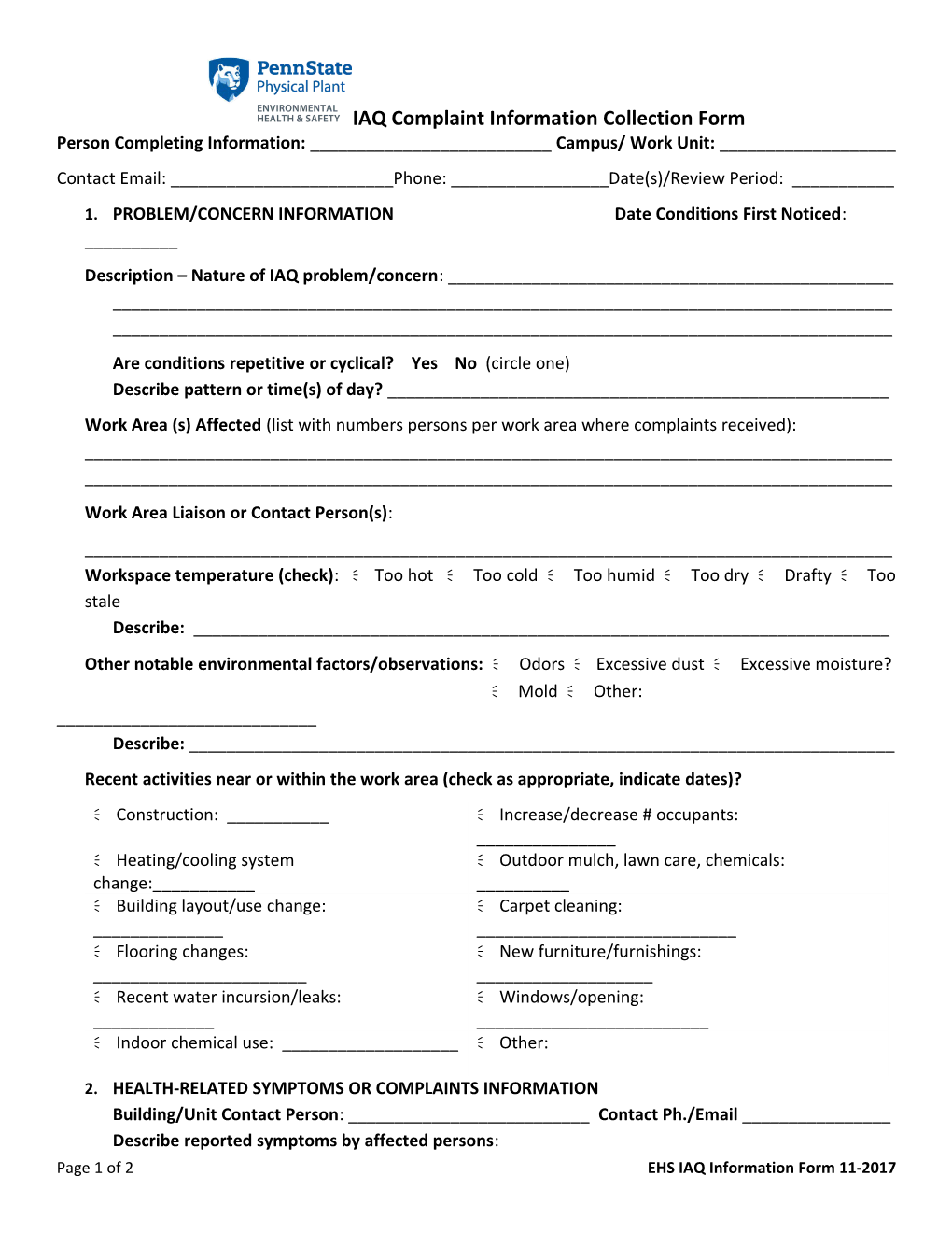 IAQ Complaint Information Collection Form