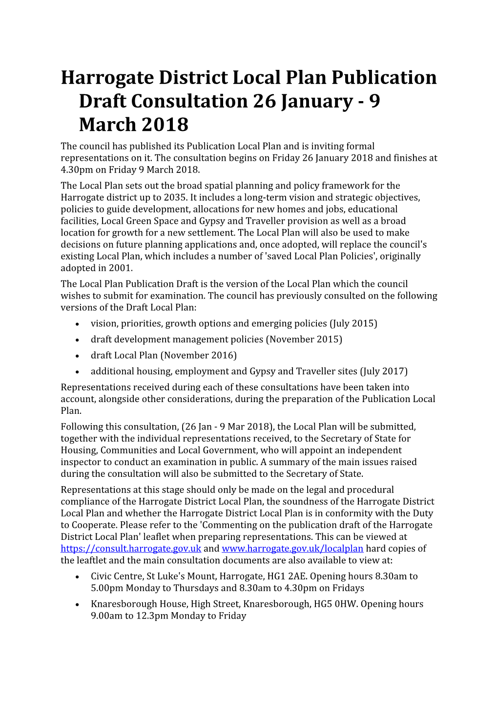 Harrogate District Local Plan Publication Draft Consultation 26 January - 9 March 2018