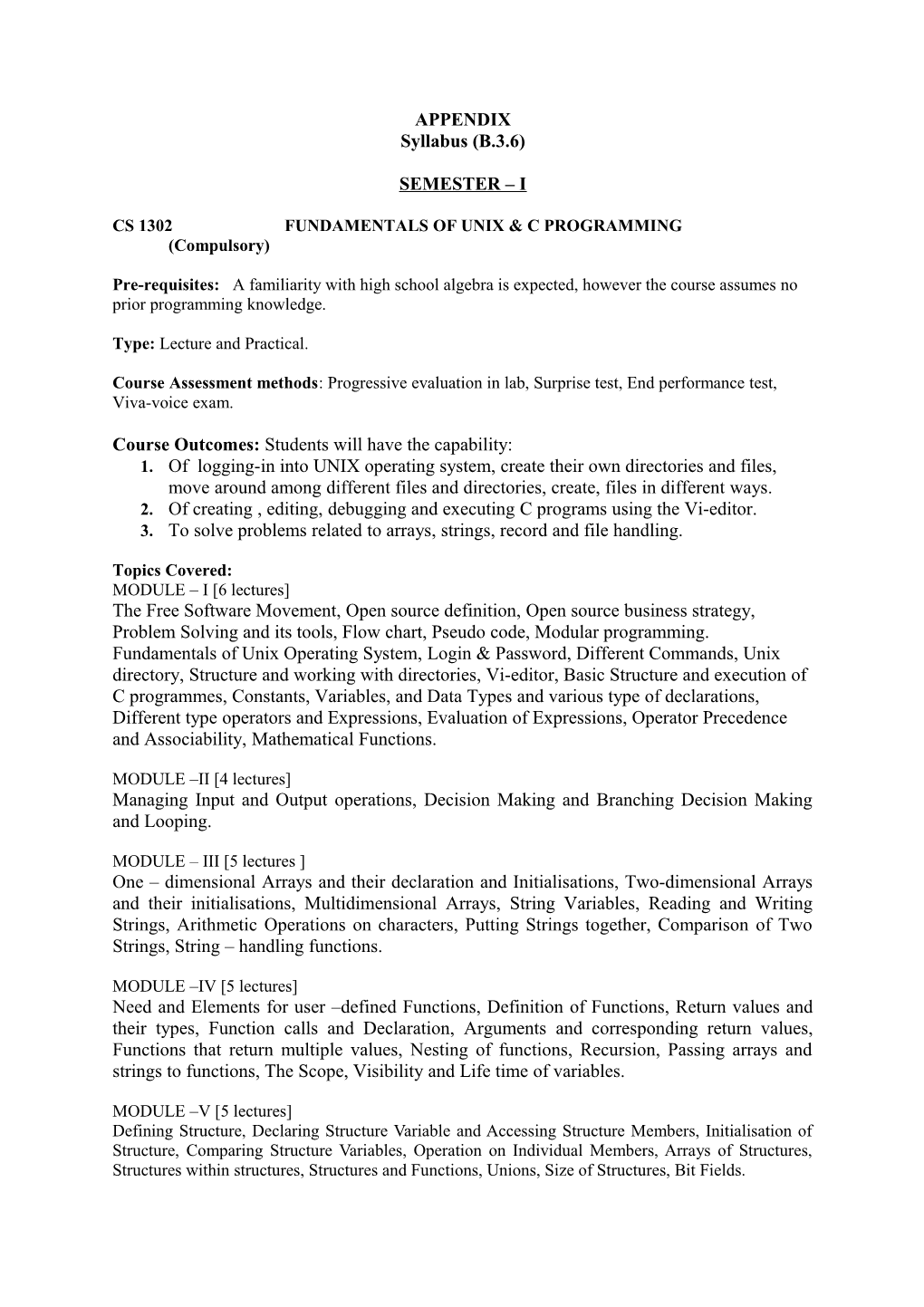 CS 1302 FUNDAMENTALS of UNIX & C PROGRAMMING (Compulsory)