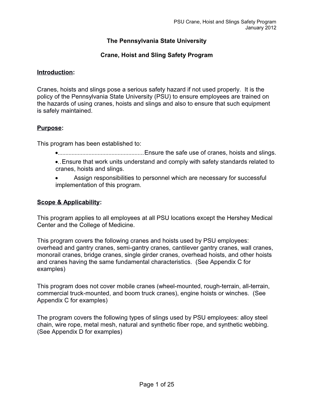 PSU Crane, Hoist and Slings Safety Program