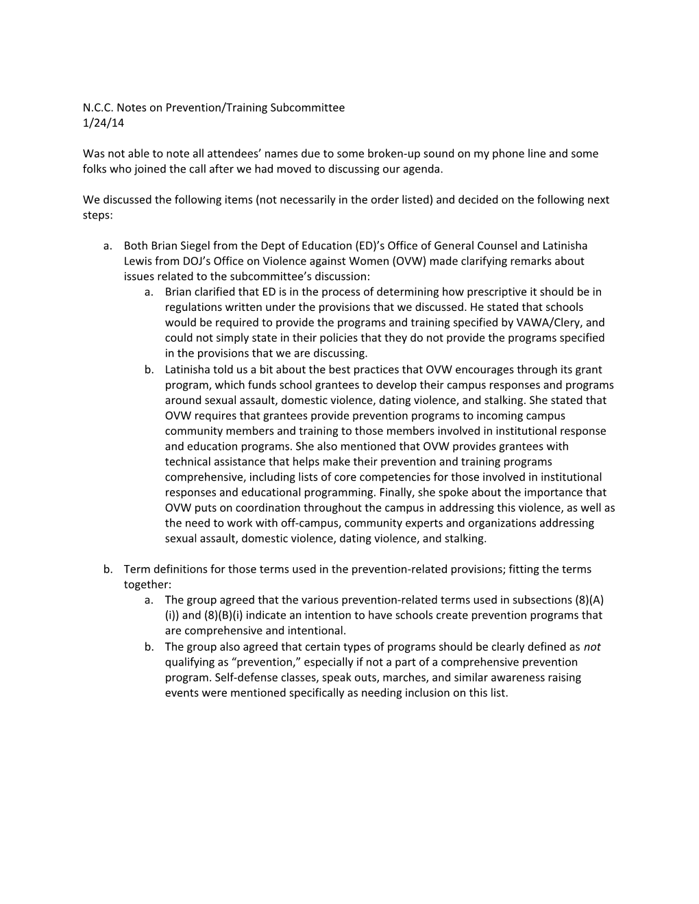 Negotiated Rulemaking for Higher Education 2012-2014: VAWA NCC Notes on Prevention/Training
