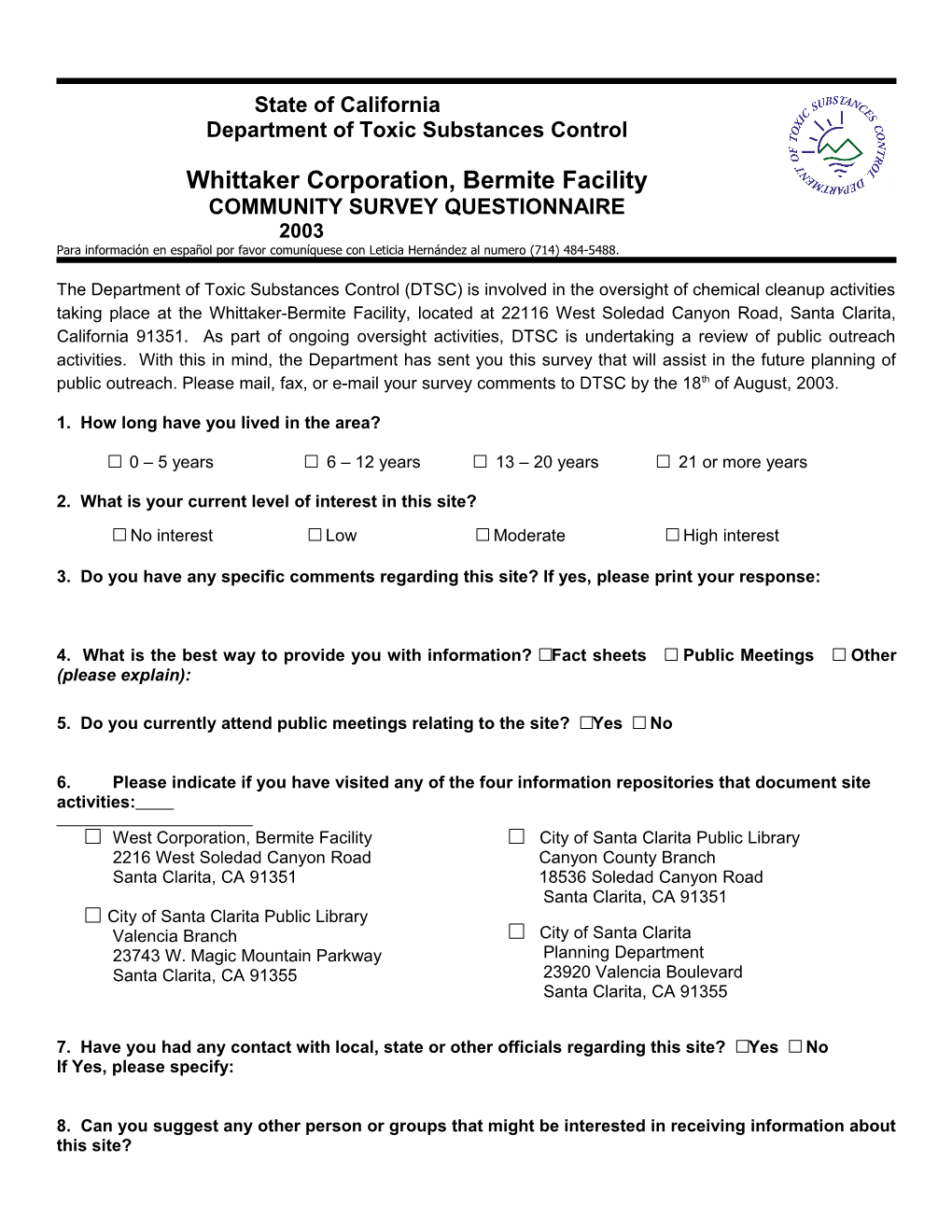 Whittaker-Bermite Facility Community Survey Questionnaire