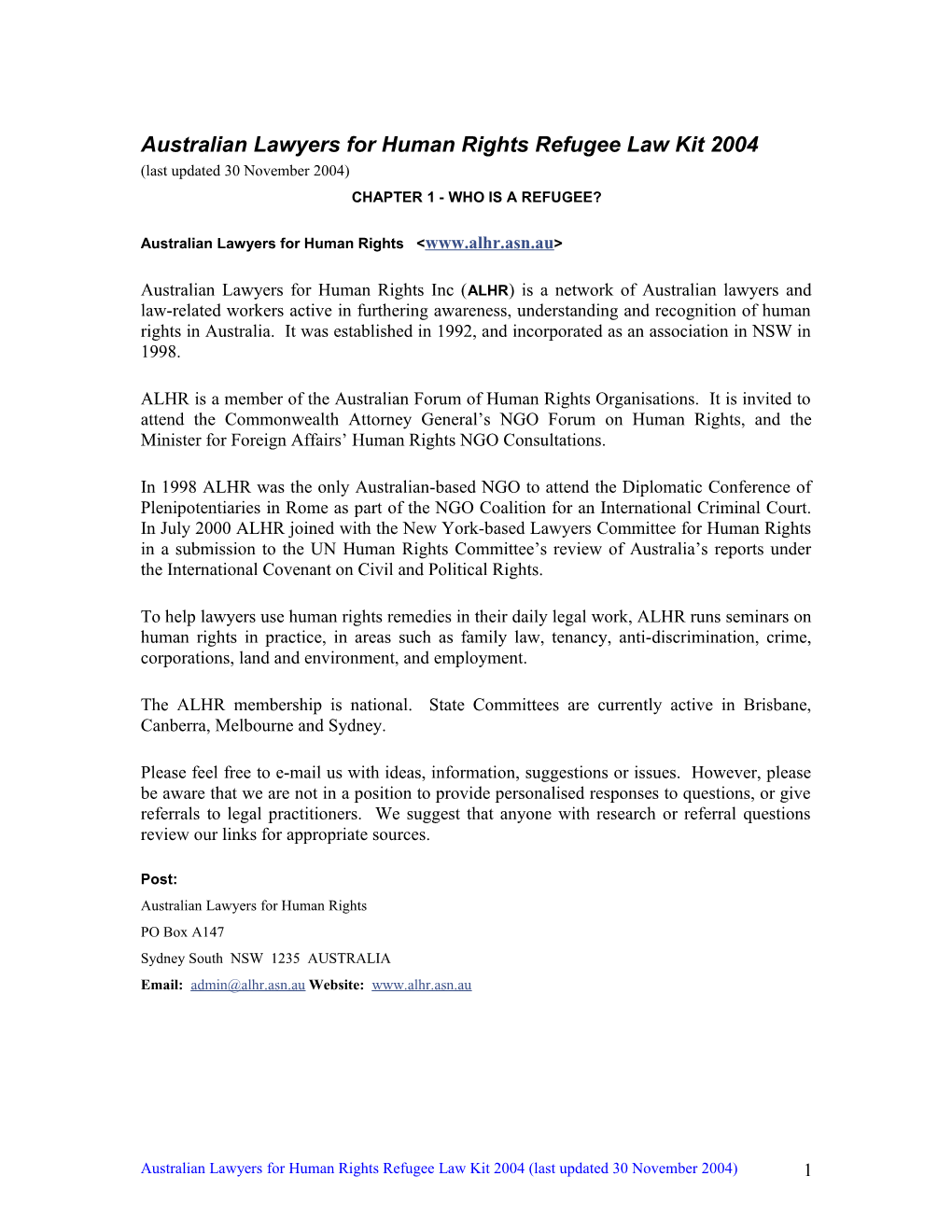 Australian Lawyers for Human Rights Refugee Law Kit 2003