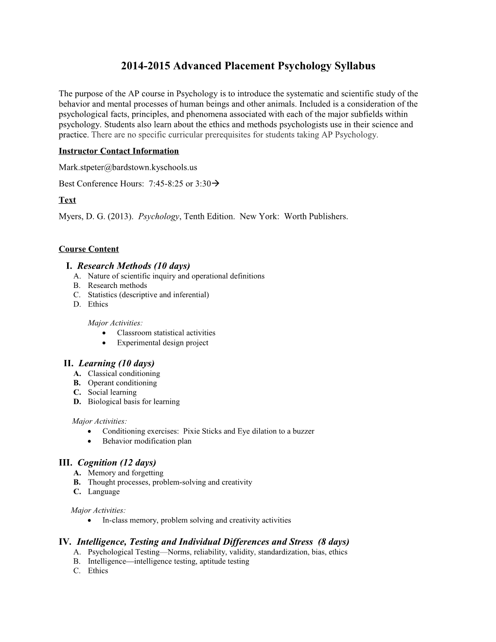 2014-2015 Advanced Placement Psychology Syllabus