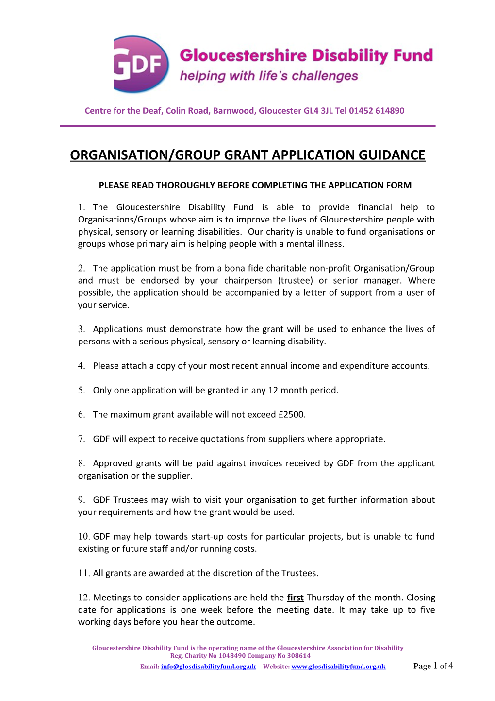 Organisation/Group Grant Application Guidance