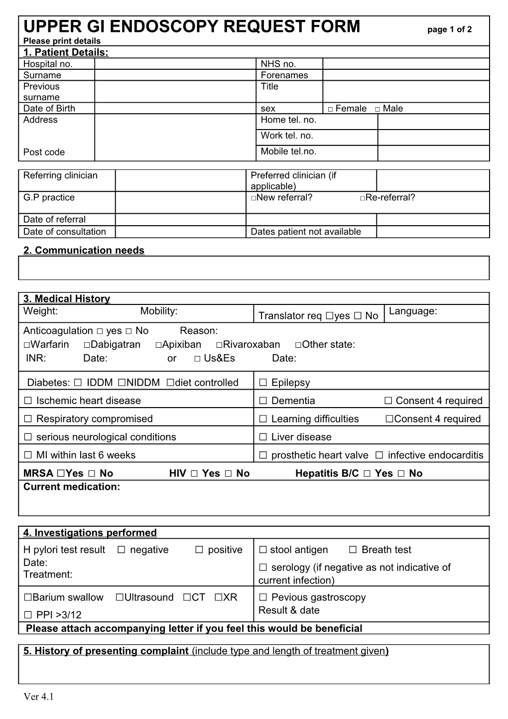 Upper Gi Endoscopy Request Form
