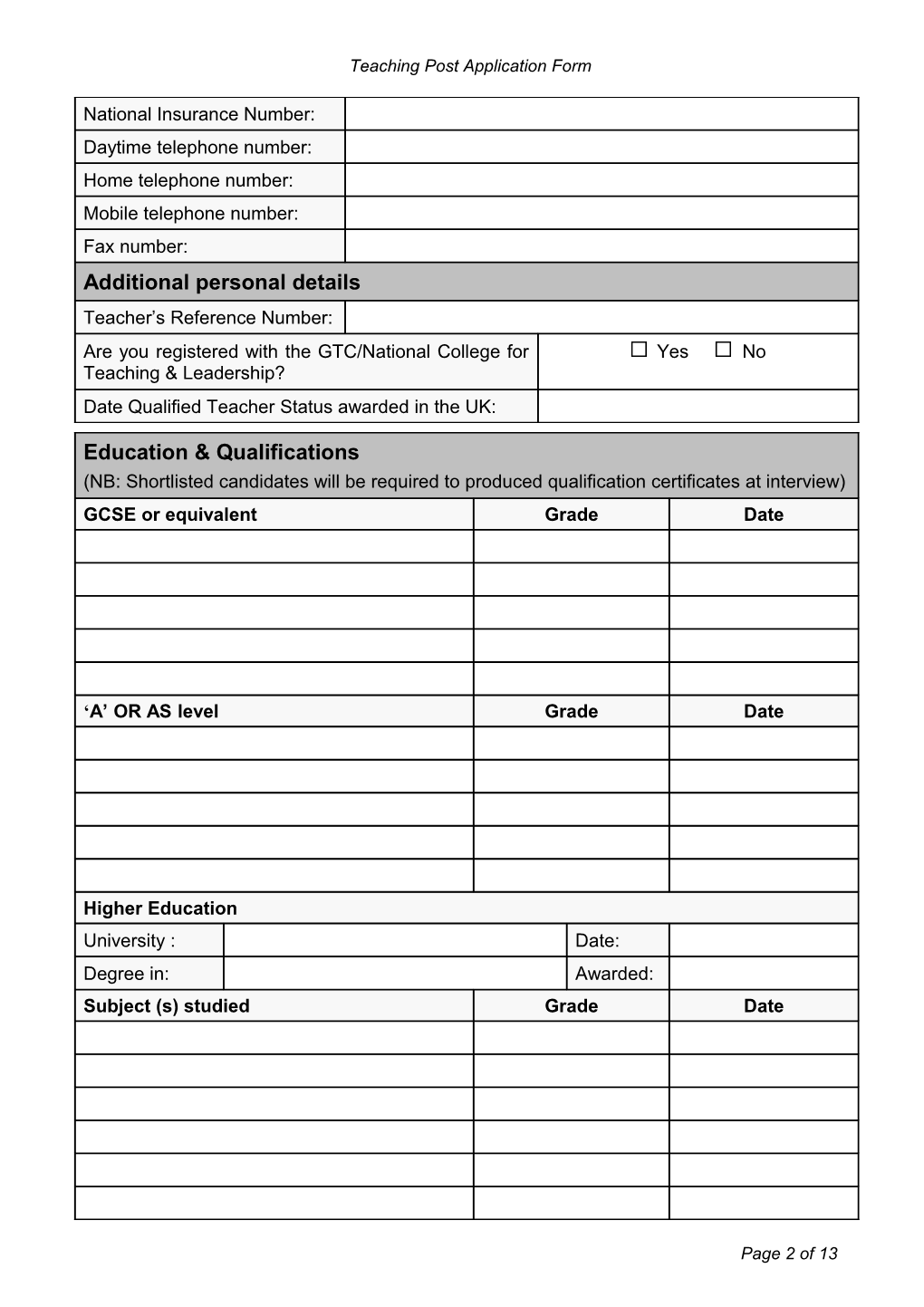 Application Form for a Teaching Post s3