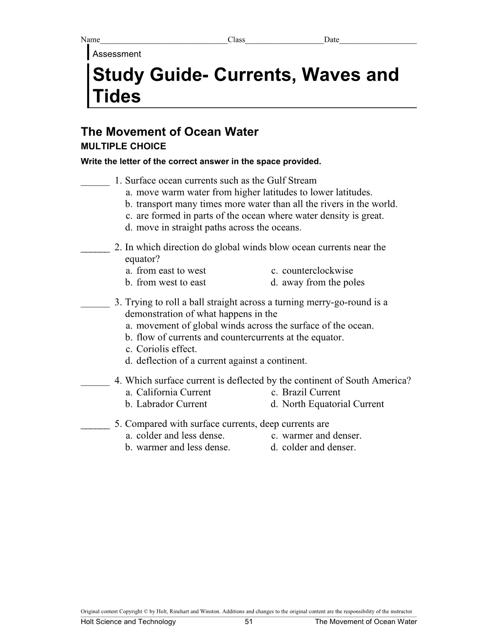 Study Guide- Currents, Waves and Tides