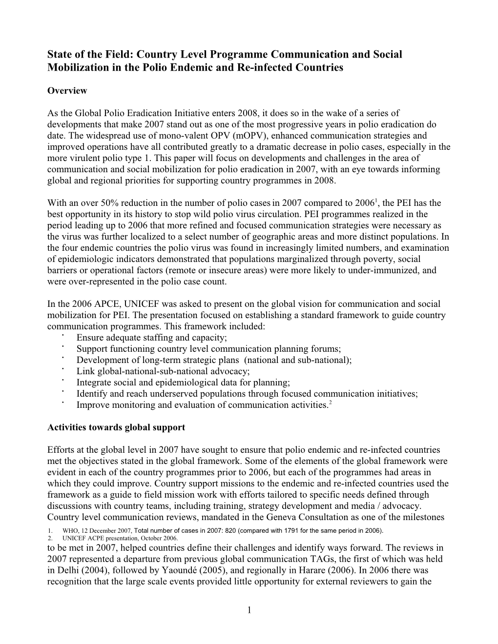 State of the Field: Country Level Programme Communication and Social Mobilization the Four