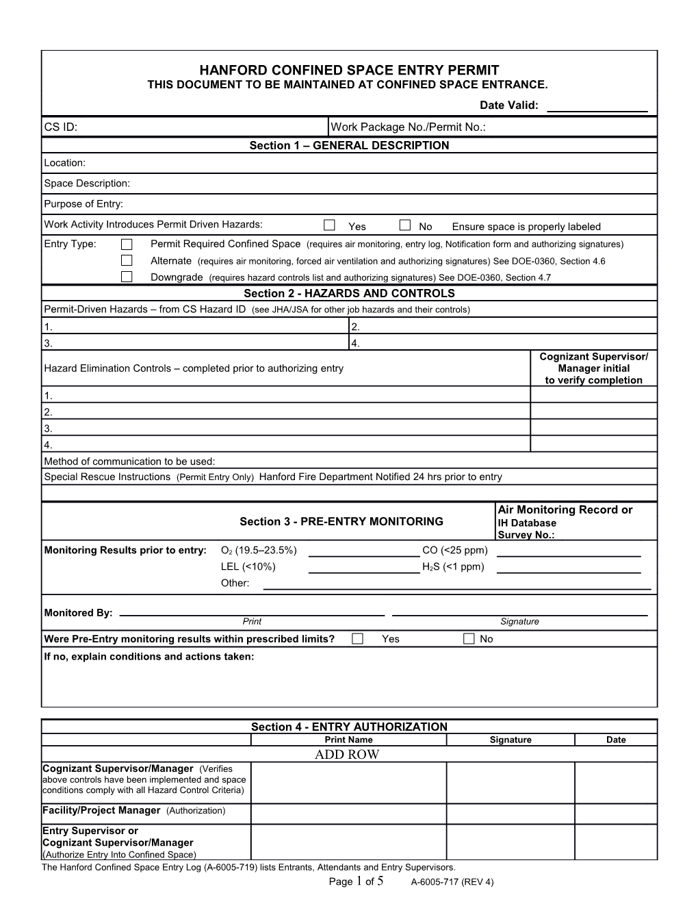 The Hanford Confined Space Entry Log (A-6005-719) Lists Entrants, Attendants and Entry