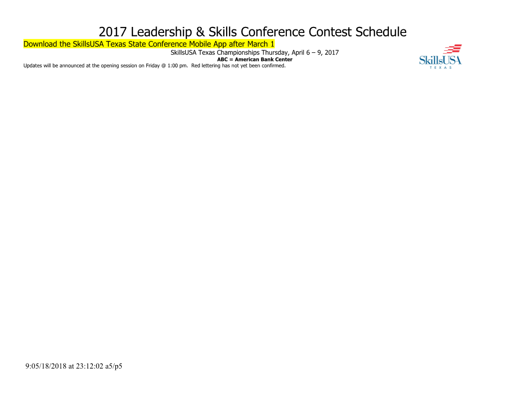 2016 Skillsusa Texas Contest Schedule