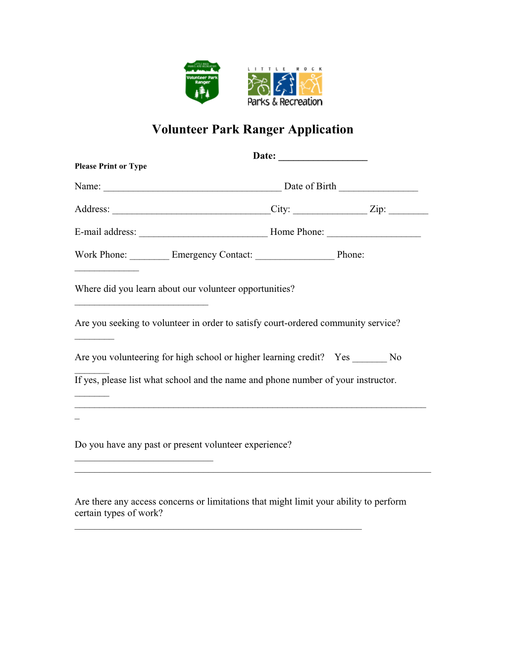 Volunteer Park Ranger Application
