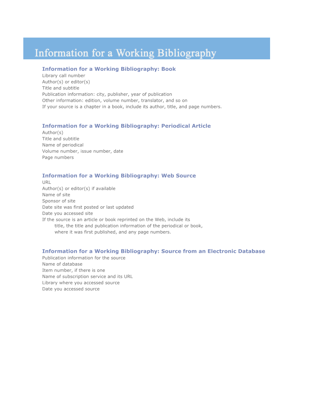 Information for a Working Bibliography: Book Library Call Number Author(S) Or Editor(S)