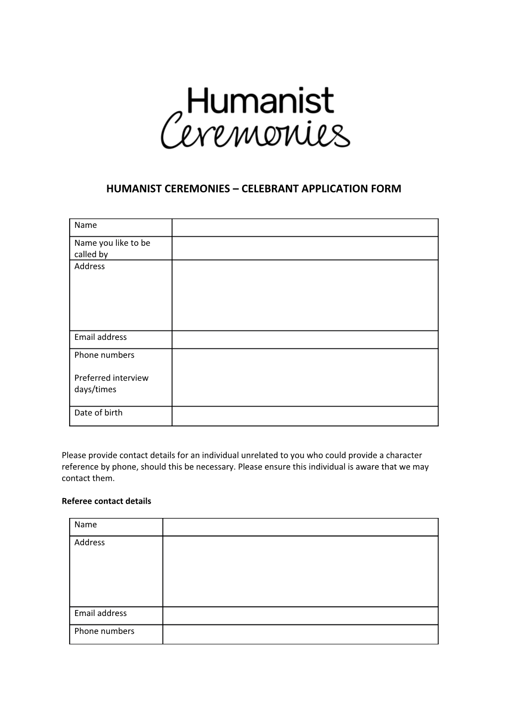 Humanist Ceremonies Celebrant Application Form