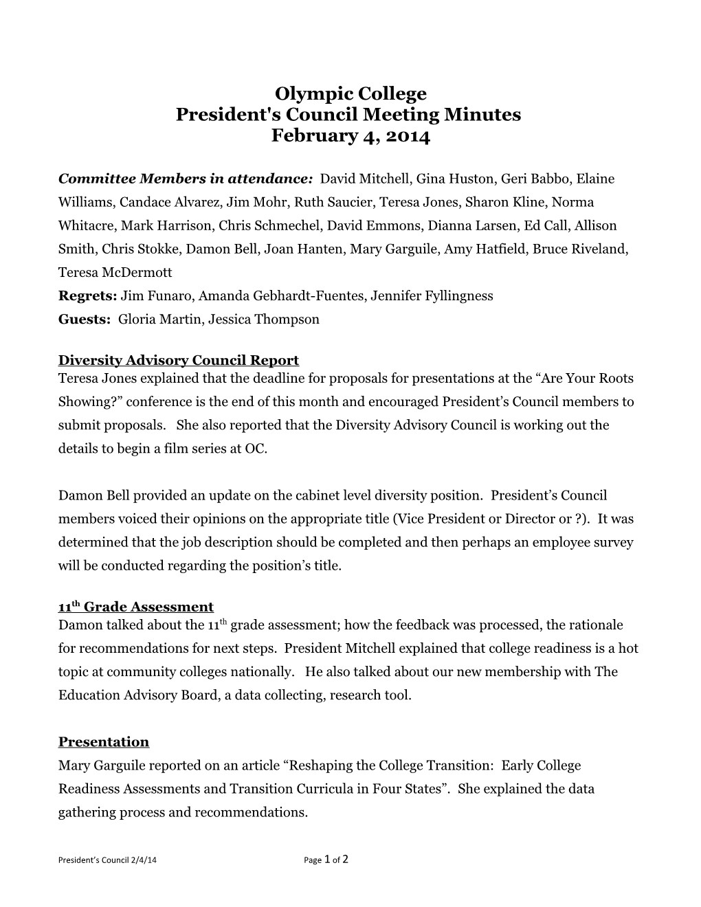 President's Council Meeting Minutes