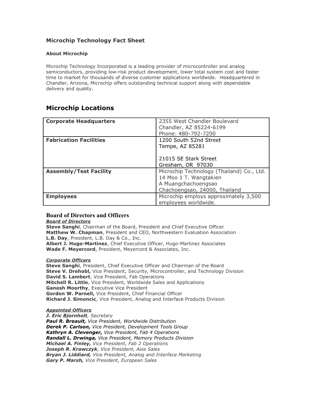 Microchip Technology Fact Sheet