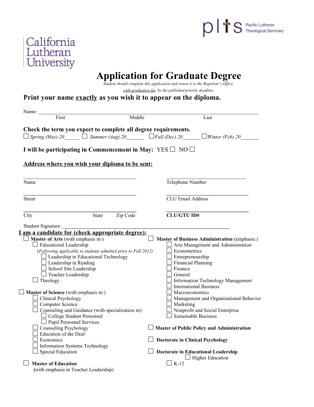 Application for Graduate Degree