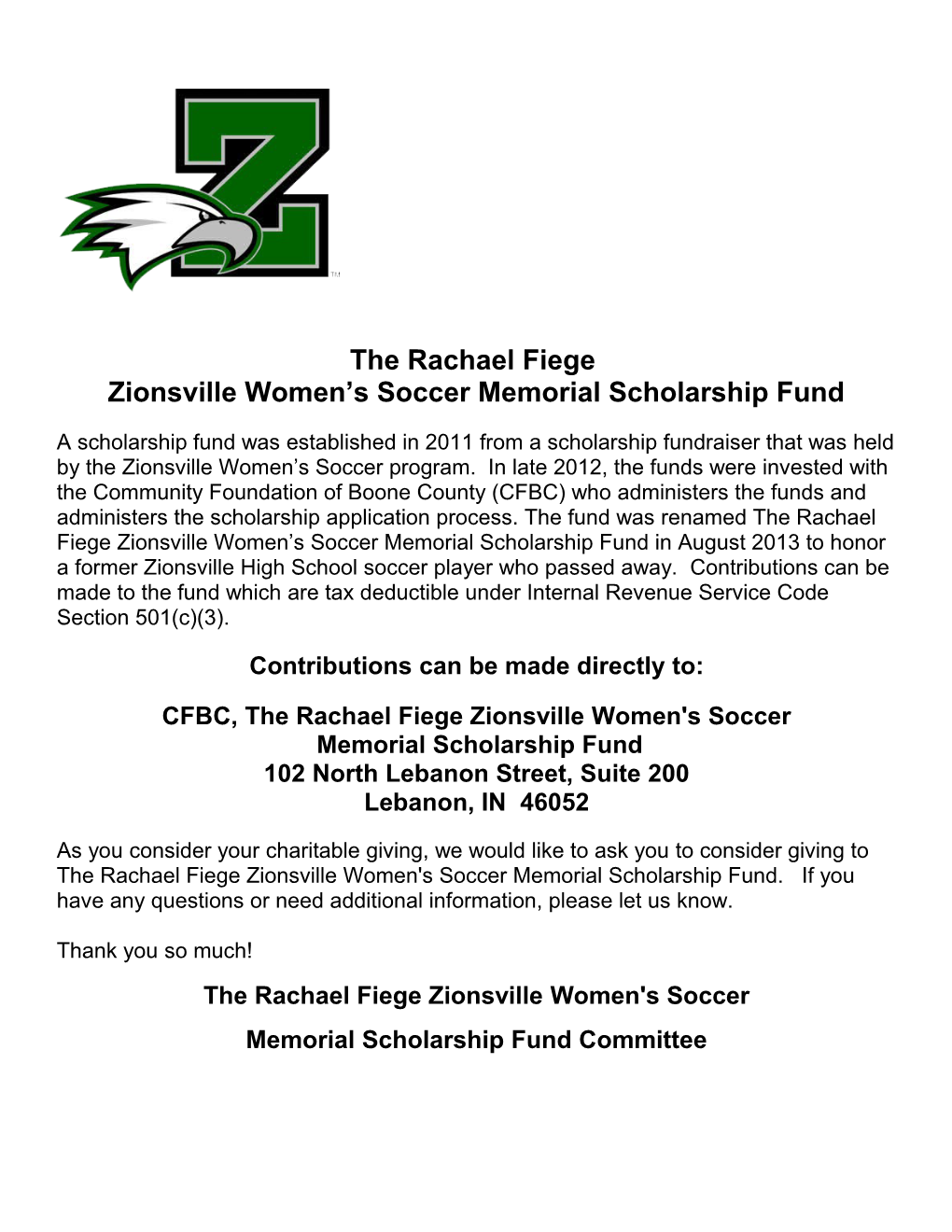 Zionsville Women S Soccer Memorial Scholarship Fund