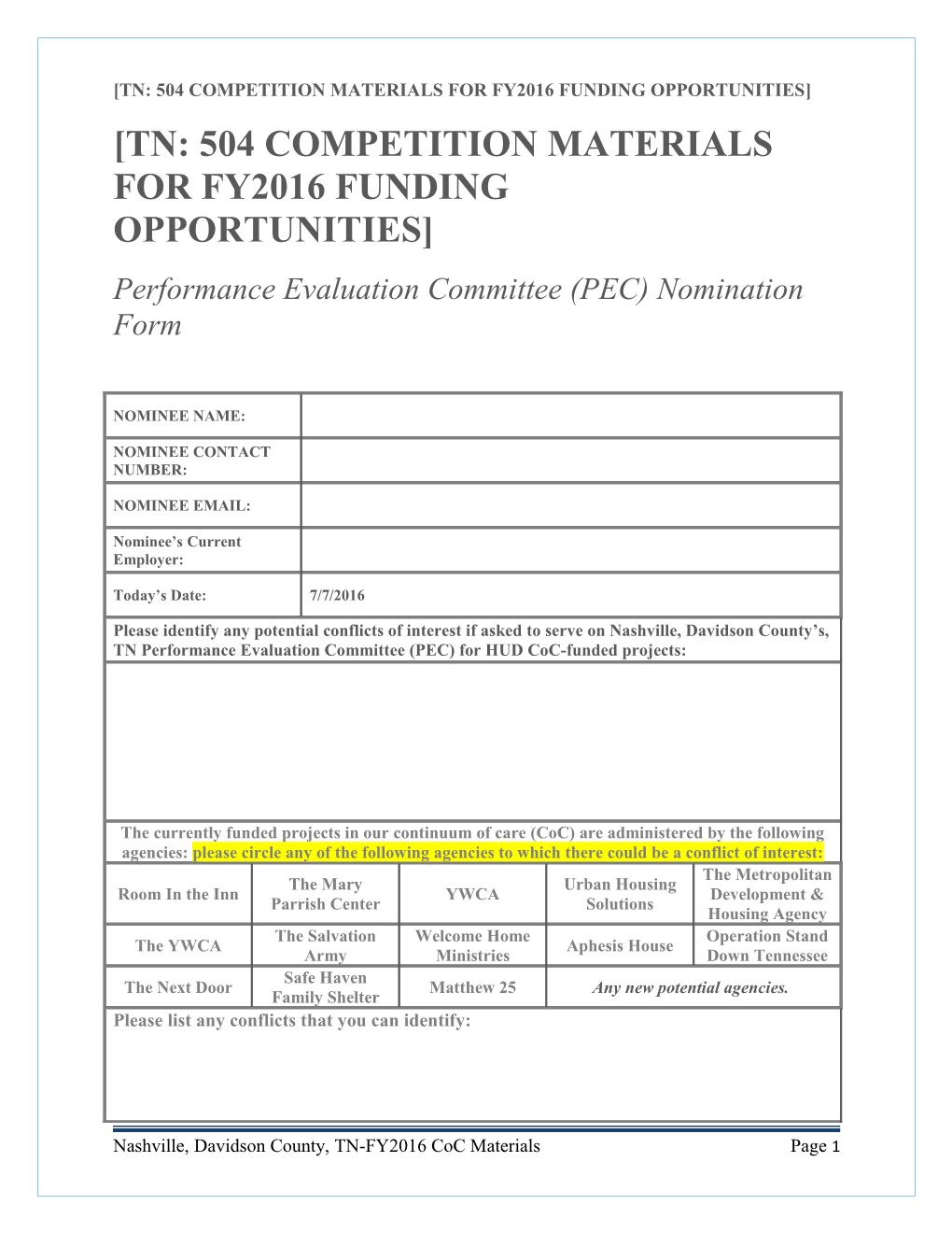 TN: 504 Competition Materials for FY2016 Funding Opportunities