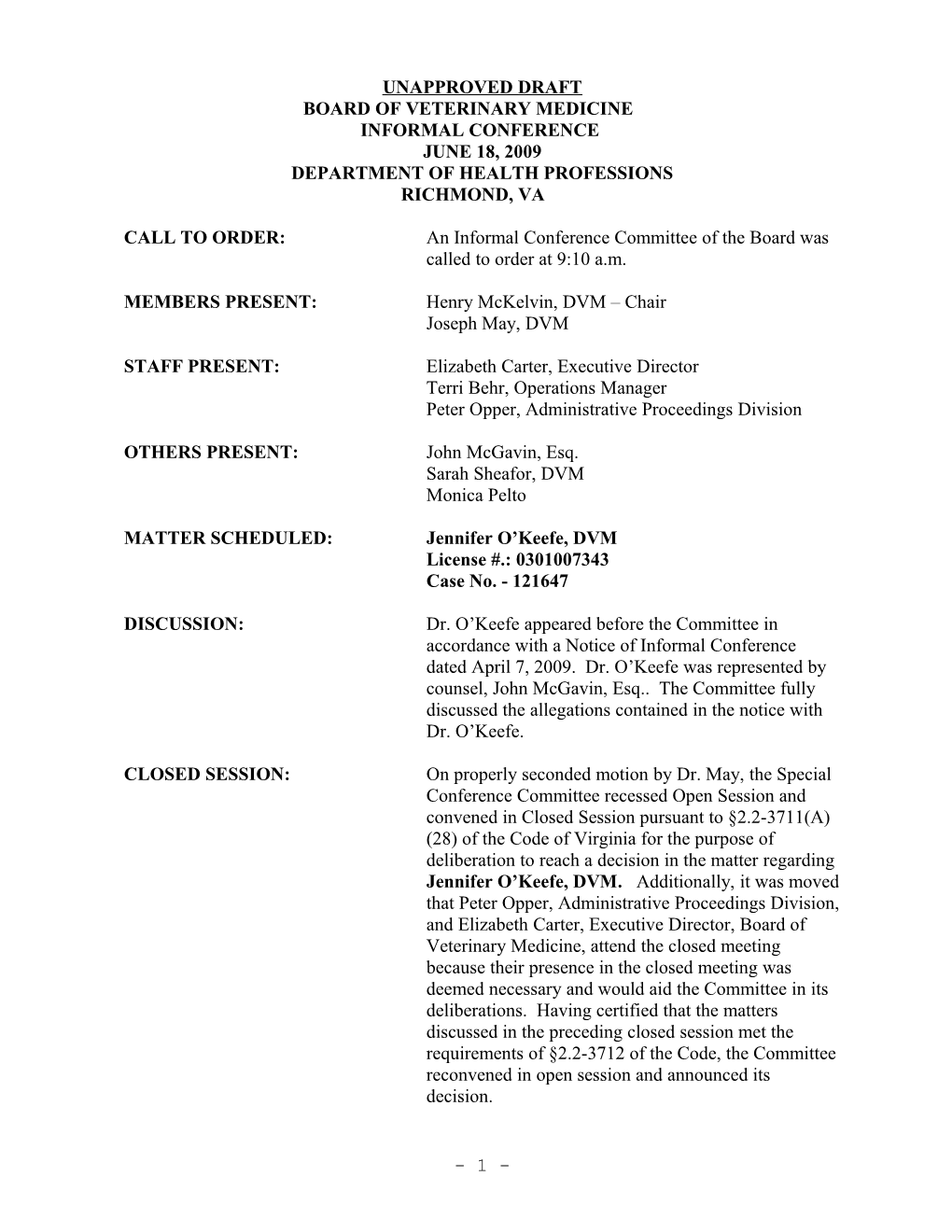 Board of Veterinary Medicine Minutes 6-18-2009