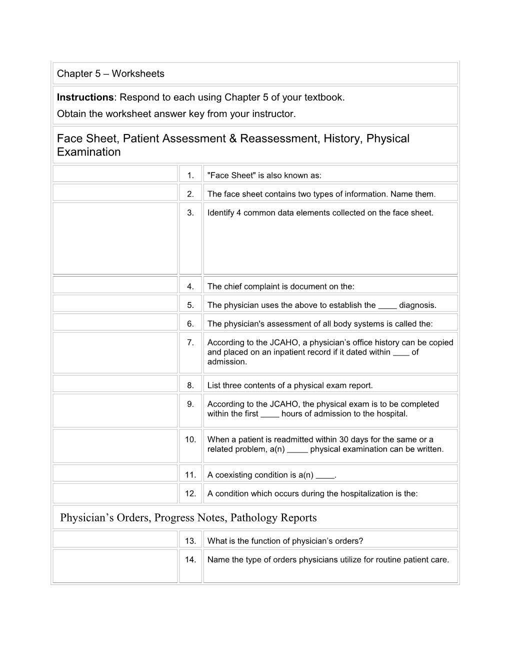 Worksheets Content of the Patient Records (Unit 2)