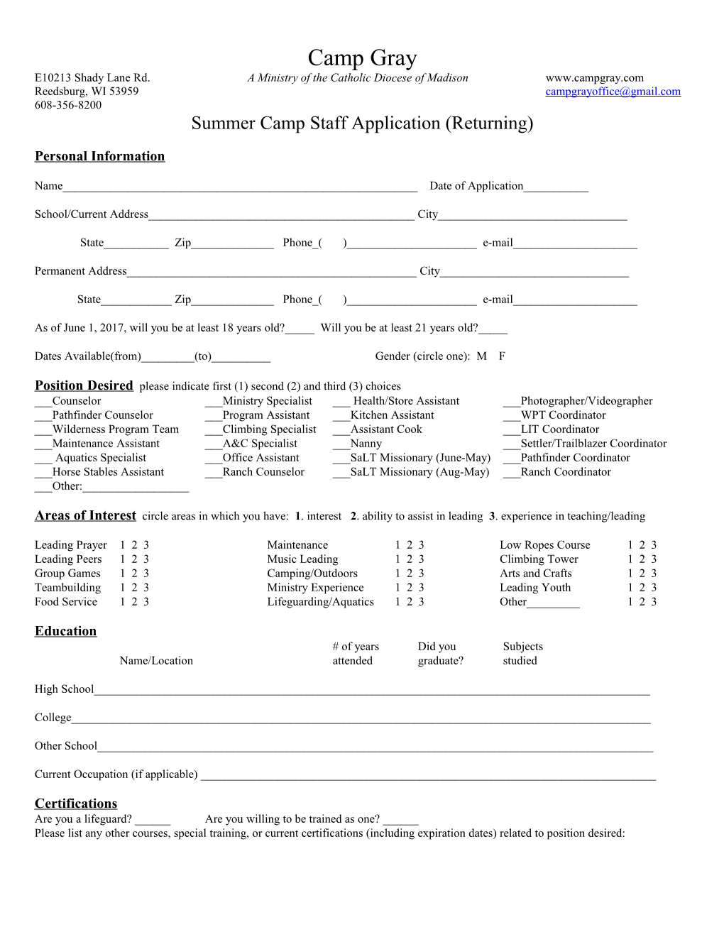 Summer Camp Staff Application (Returning)
