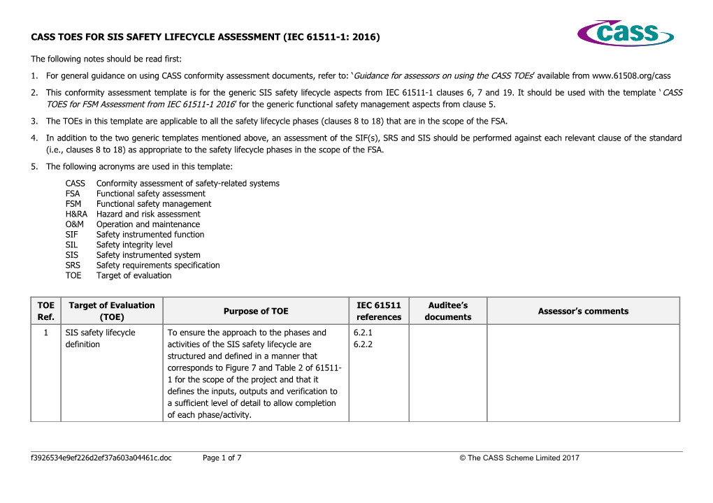 Cass Toes for Sis Safety Lifecycle Assessment (Iec 61511-1: 2016)