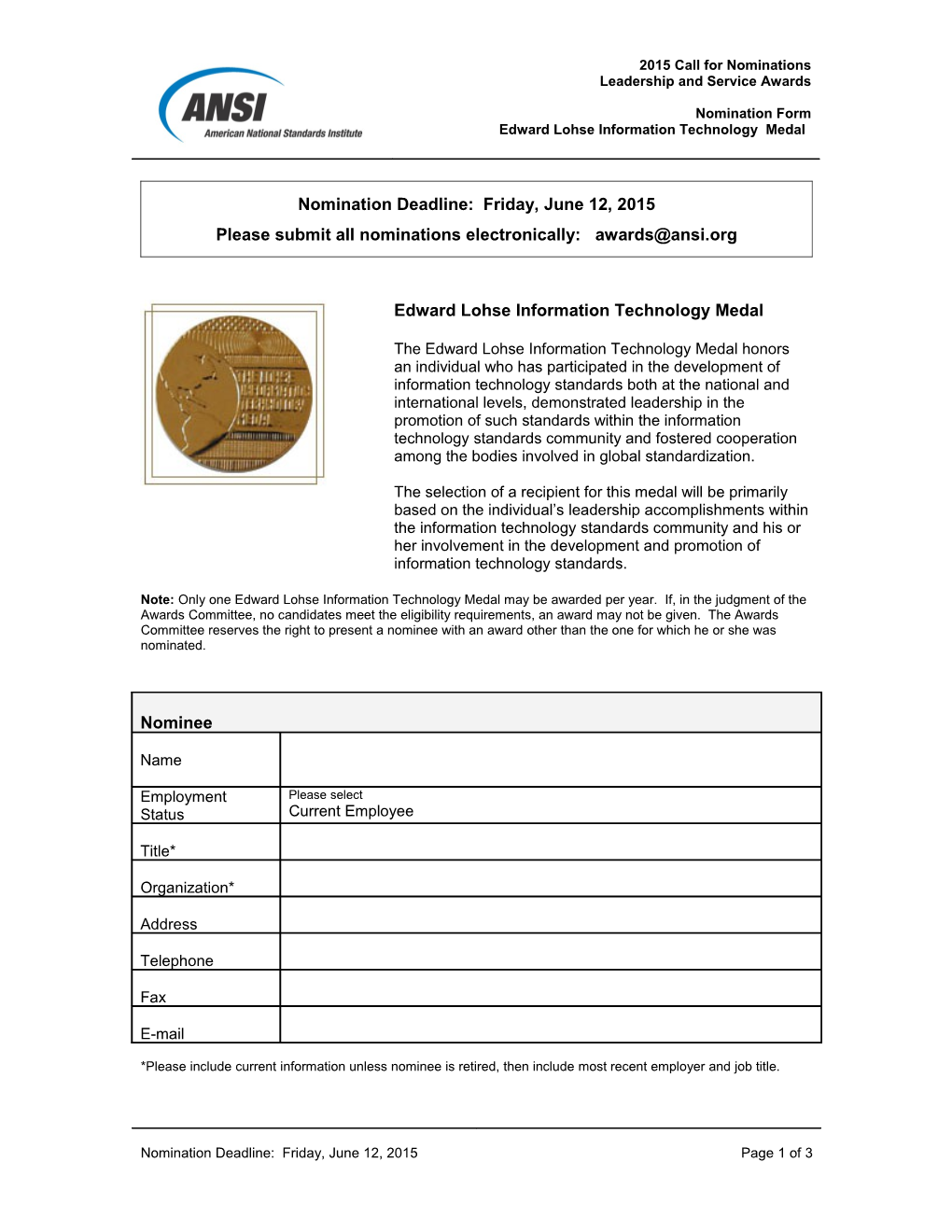Lohse IT Medal - 2015 Nomination Form