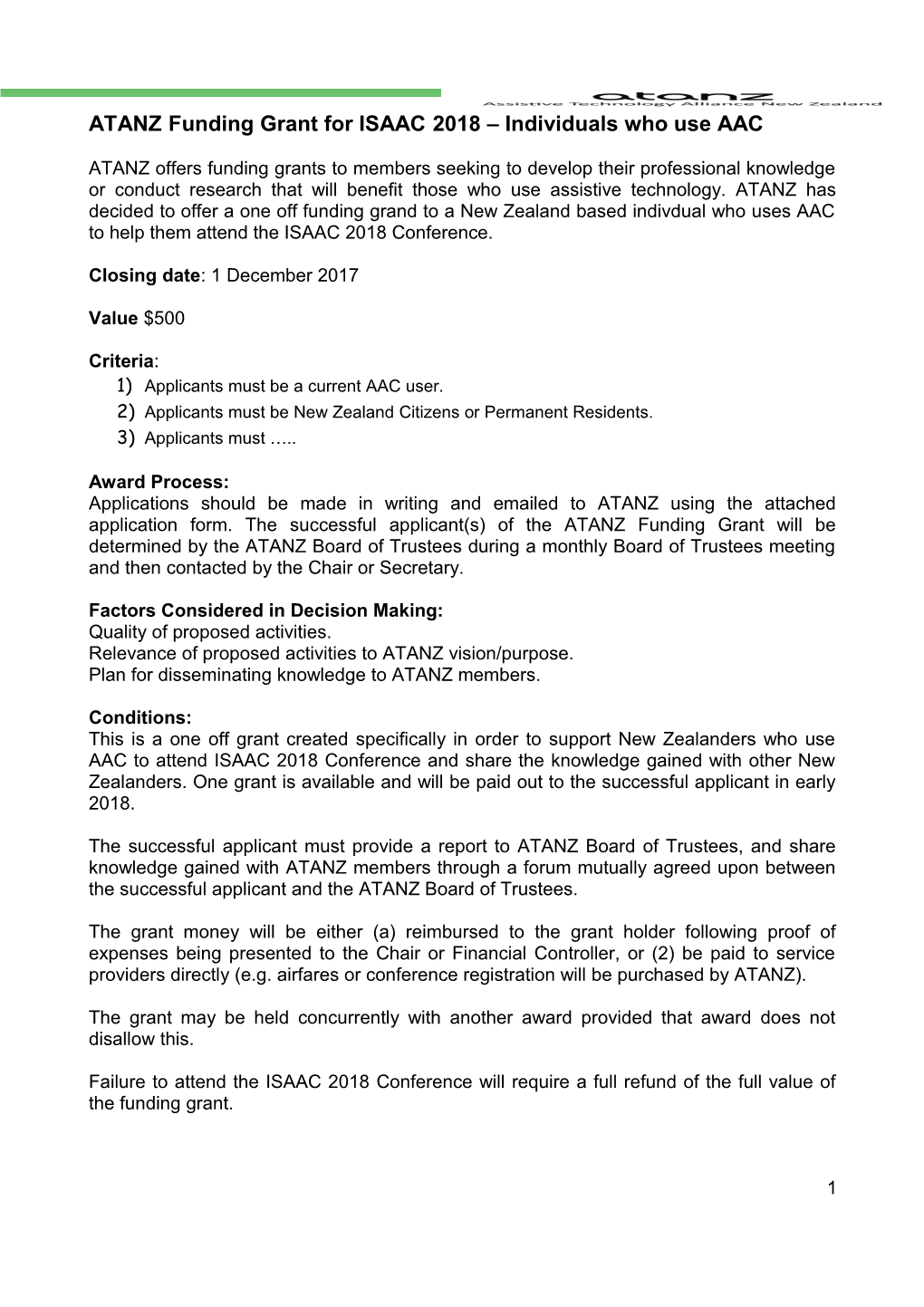 ATANZ Funding Grant for ISAAC 2018 Individuals Who Use AAC