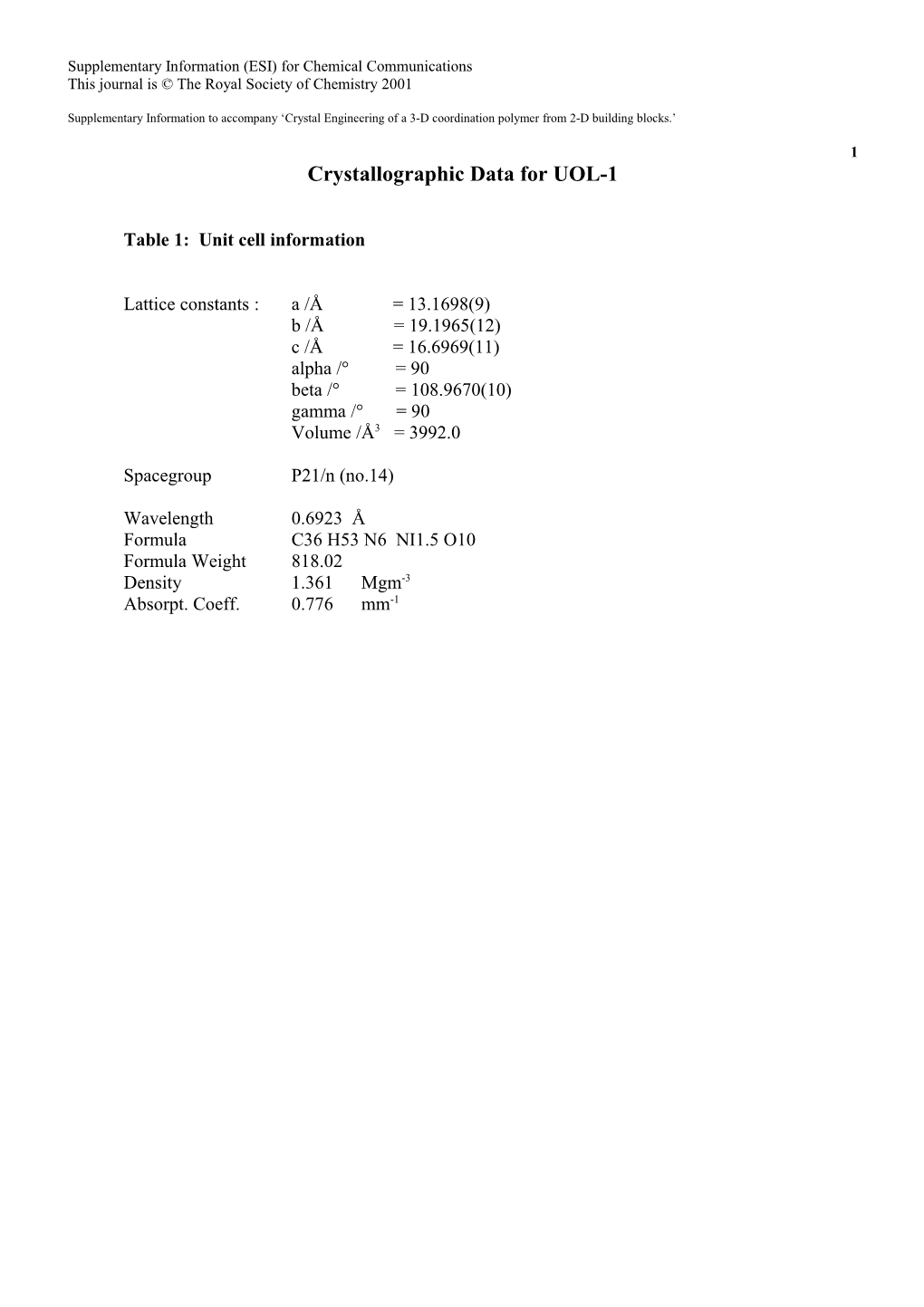 Crystallographic Data for UOL-1