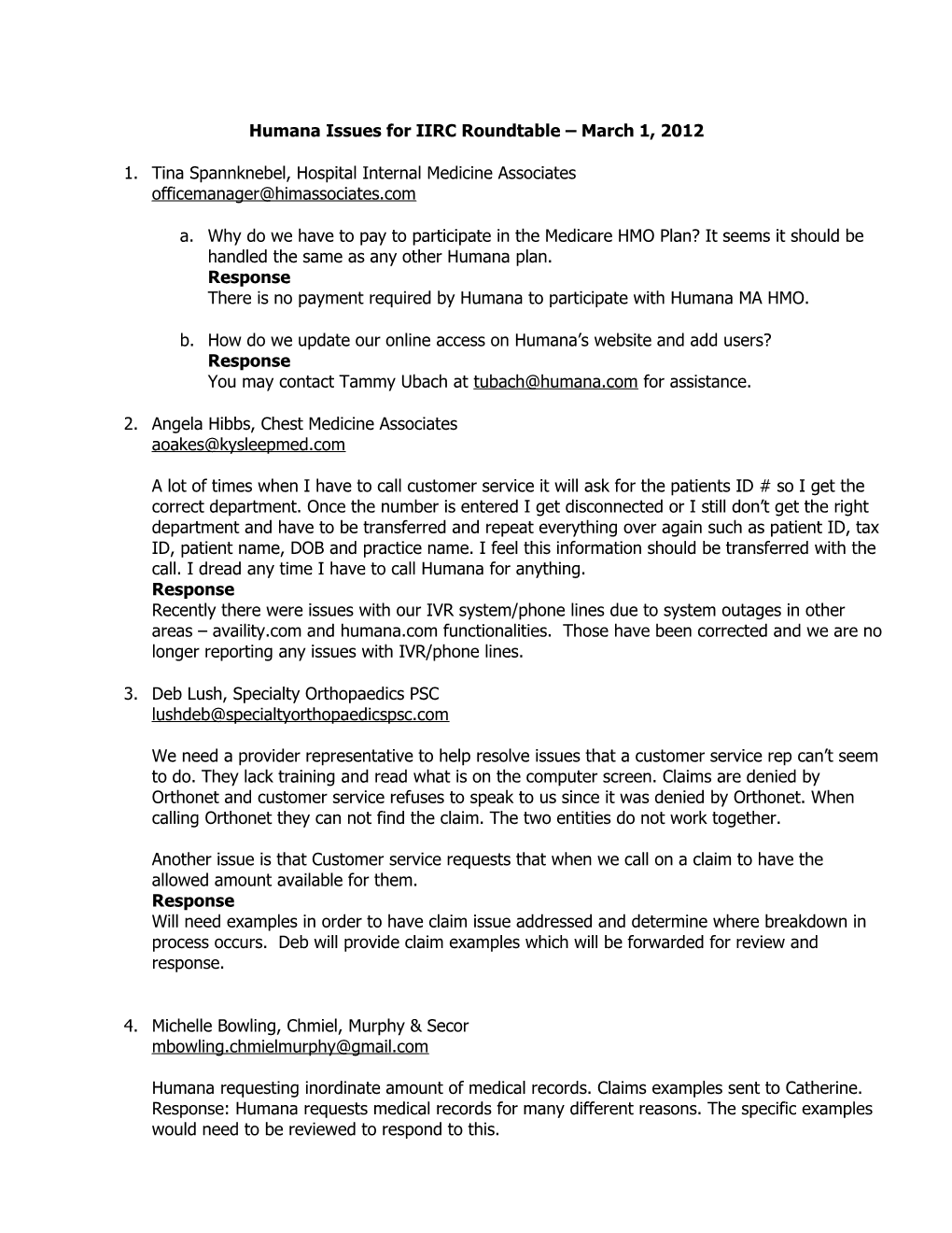 Humana Issues For IIRC Roundtable – February 10, 2011