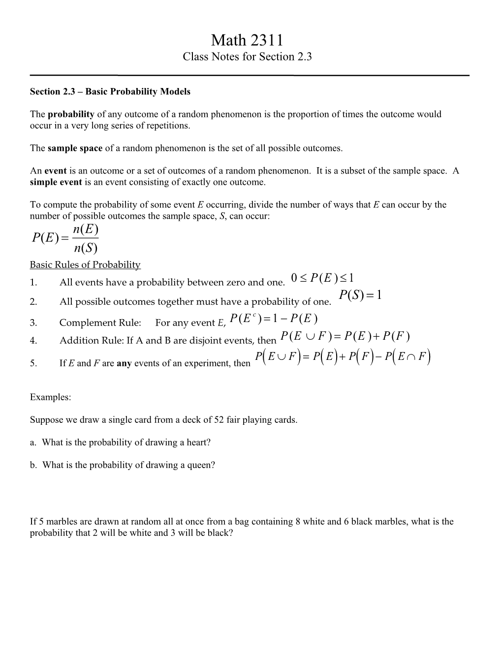 Section 2.3 Basic Probability Models