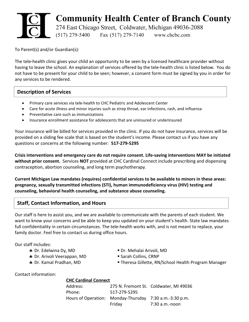 Sample Consent Form for School-Based Health Centers