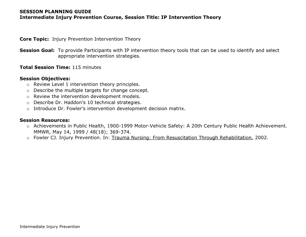 Intermediate Injury Prevention Course, Session Title: IP Intervention Theory