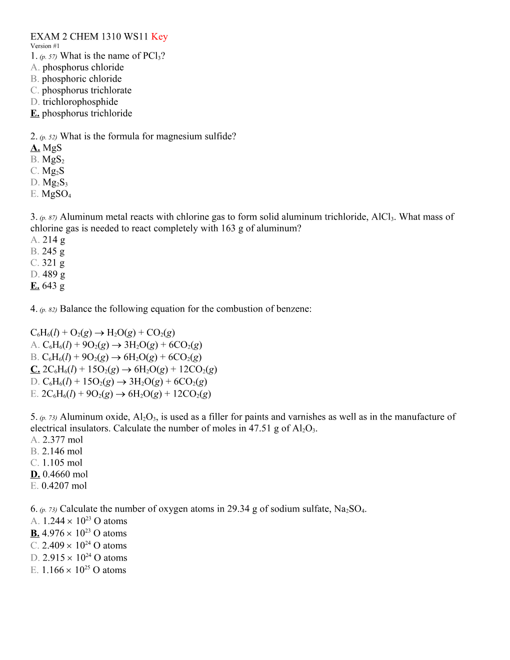 EXAM 2 CHEM 1310 WS11 Key Version #1 1. (P. 57) What Is the Name of Pcl3? A. Phosphorus