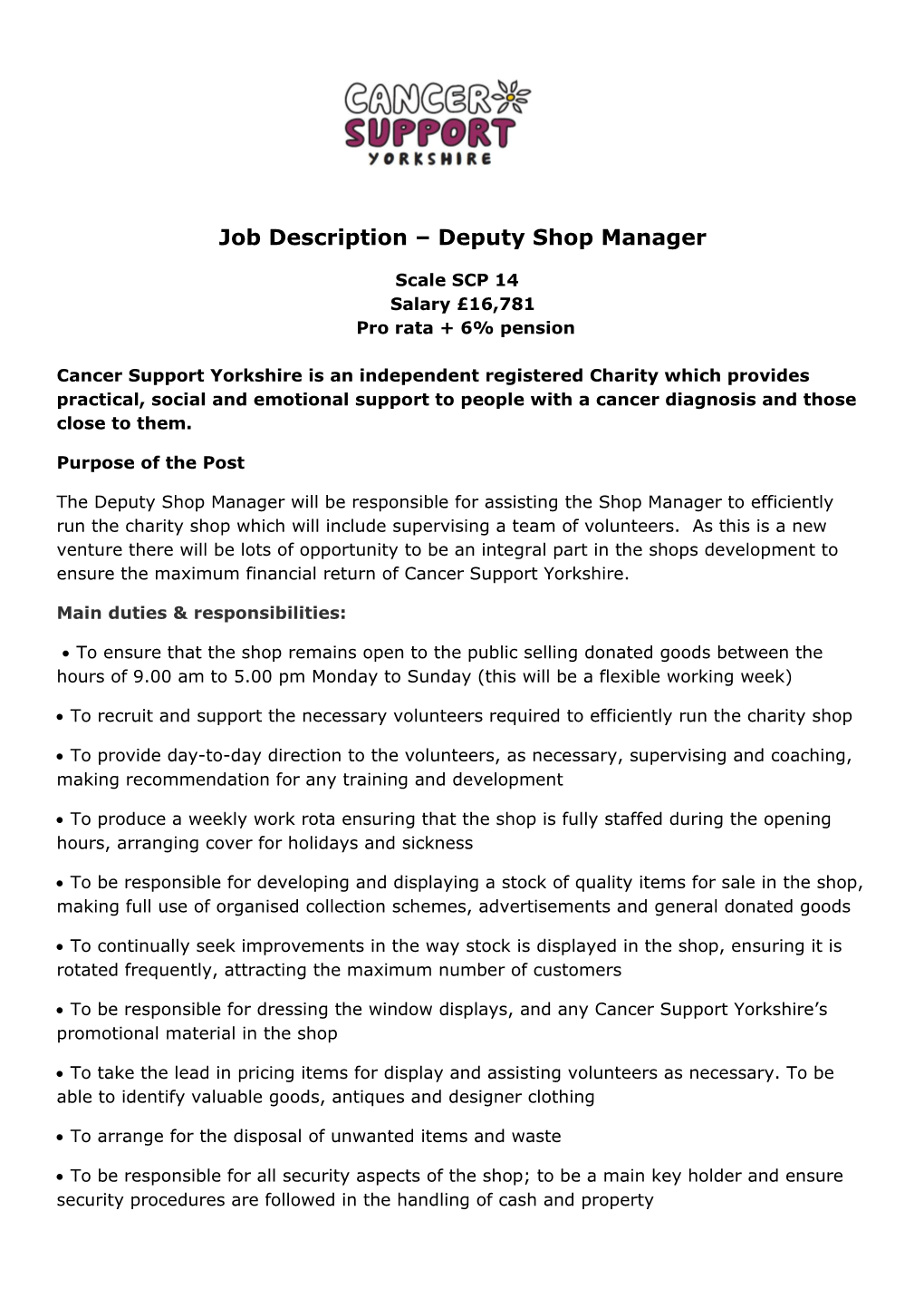 Job Description Deputy Shop Manager
