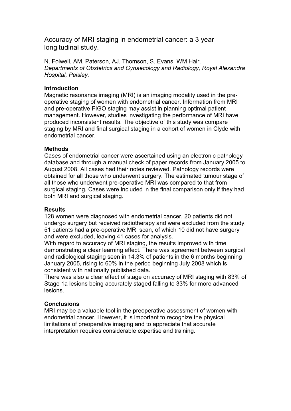 Accuracy of MRI Staging in Endometrial Cancer: a 3 Year Longitudinal Study