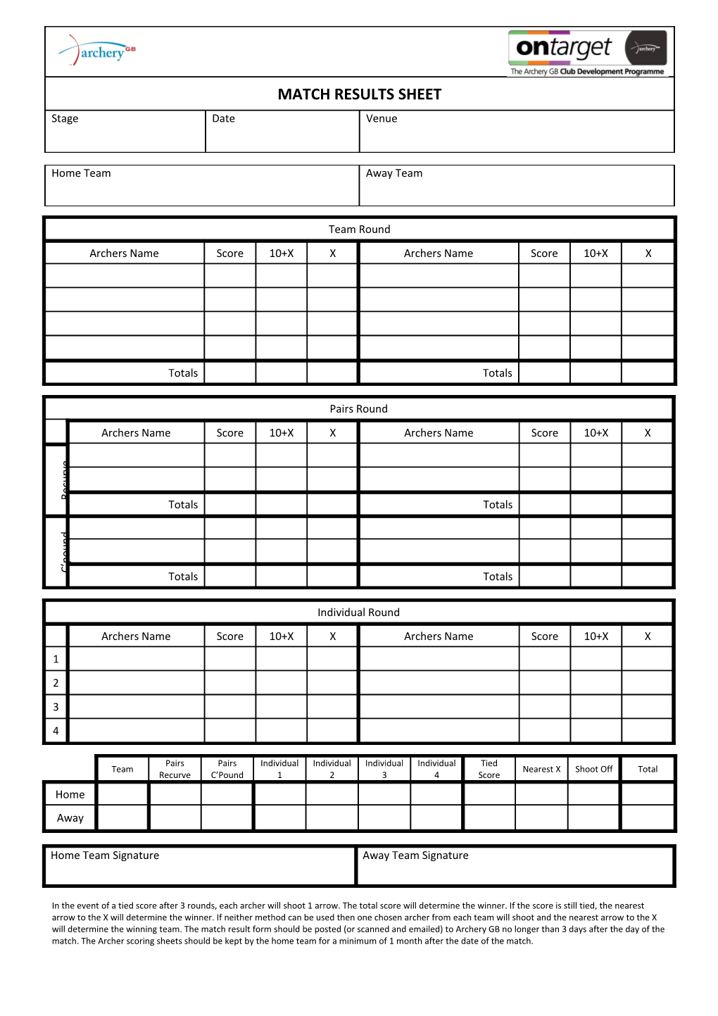 Match Results Sheet